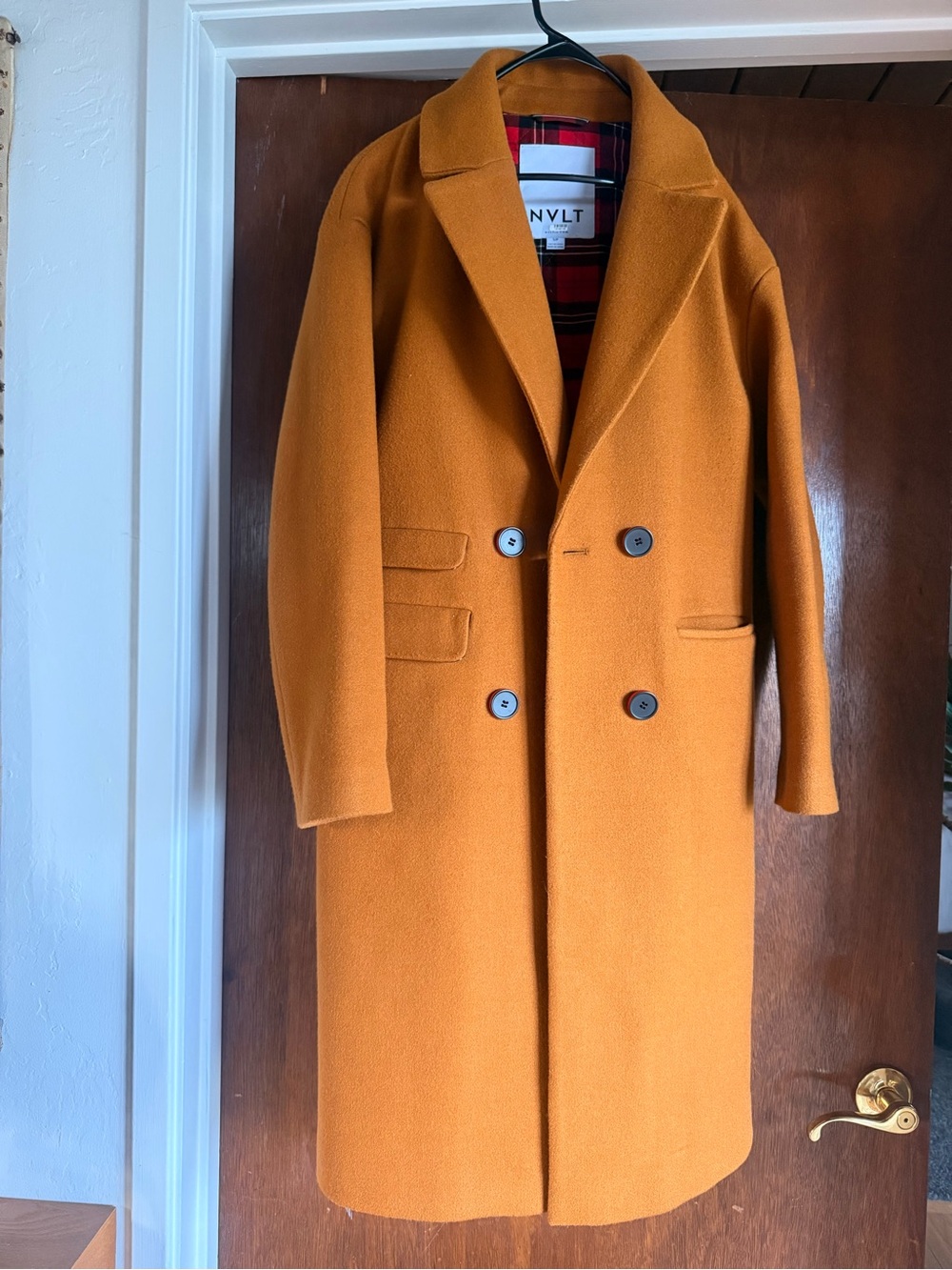 NVLT Double-Breasted Pea Coat in Warm Camel-Orange